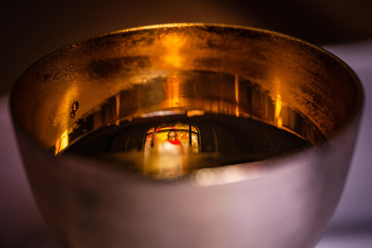 The stained glass at Iglesia Luterana Principe de Paz (Prince of Peace Lutheran Church), Mayagüez, Puerto Rico, is seen reflected in the chalice on Thursday, Nov. 14, 2019. LCMS Communications/Erik M. Lunsford